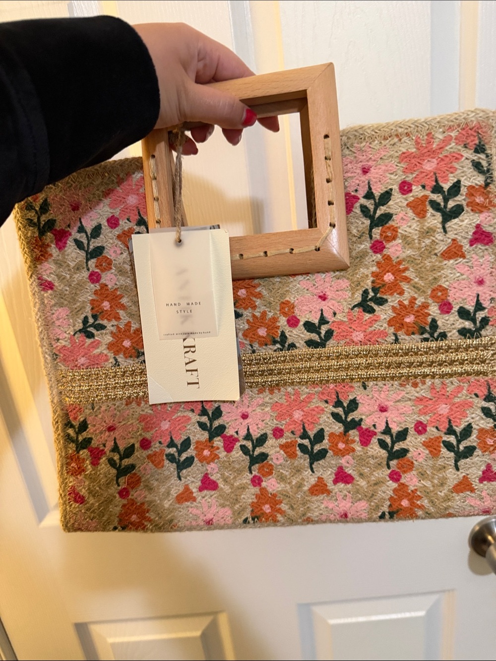 Antik Kraft Floral Embroidered Tote in Pink, Orange, Green, Tan